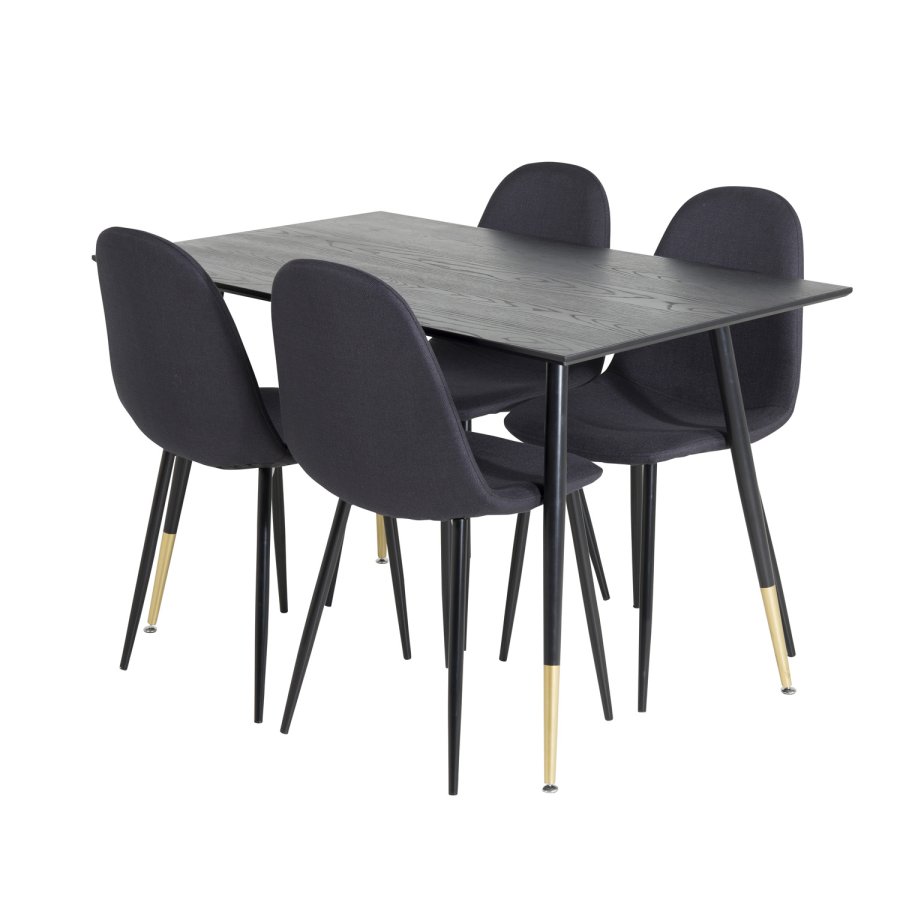 VENTURE DESIGN Dipp spisebordsst, m. 4 stole - sort finer/messing sort metal, sort stof/sort metal