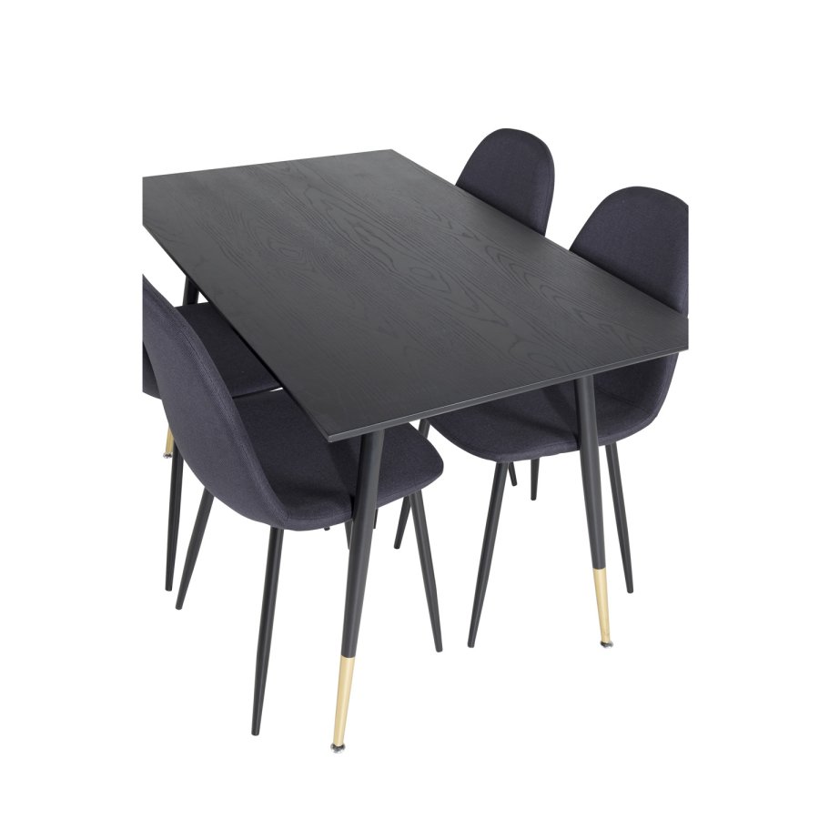 VENTURE DESIGN Dipp spisebordsst, m. 4 stole - sort finer/messing sort metal, sort stof/sort metal