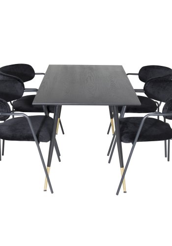 VENTURE DESIGN Dipp spisebordsst, m. 4 stole - sort finer/messing sort metal, sort fljl/sort metal