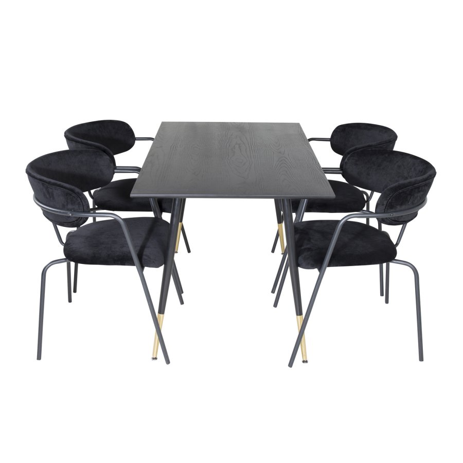 VENTURE DESIGN Dipp spisebordsst, m. 4 stole - sort finer/messing sort metal, sort fljl/sort metal