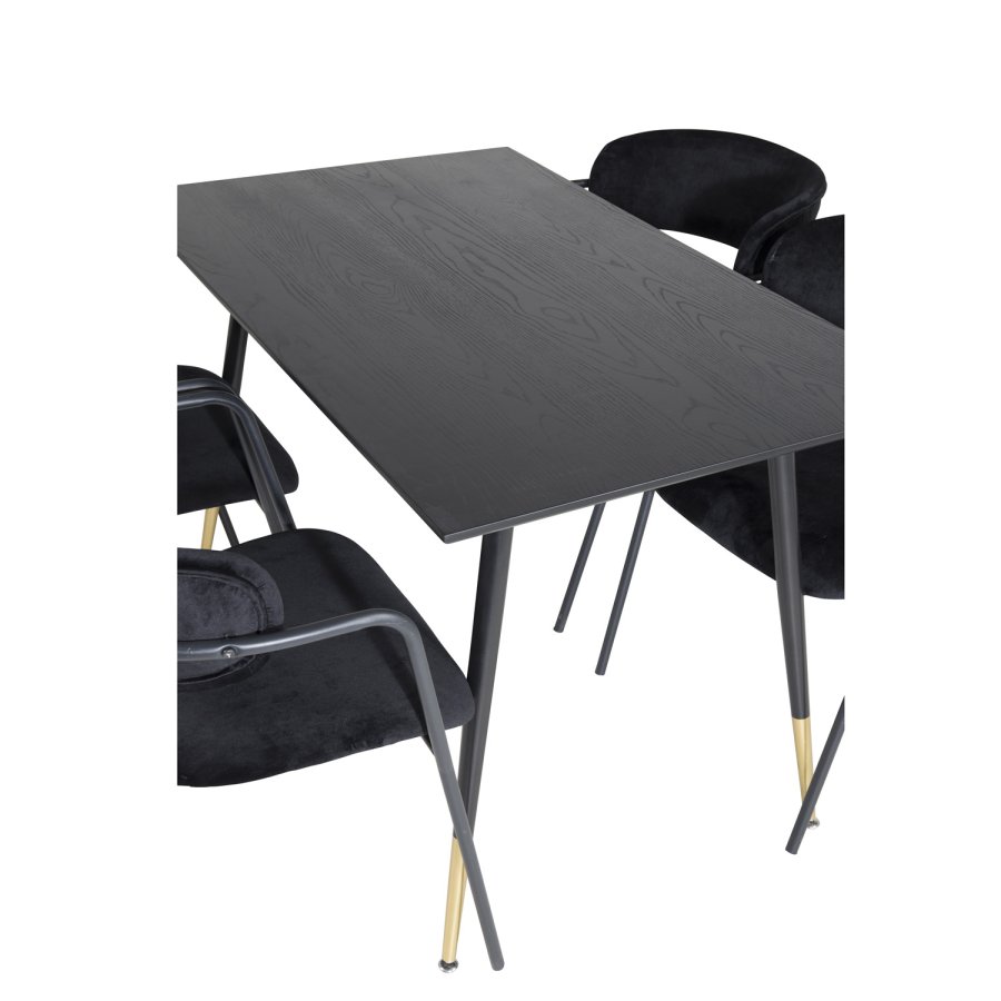 VENTURE DESIGN Dipp spisebordsst, m. 4 stole - sort finer/messing sort metal, sort fljl/sort metal