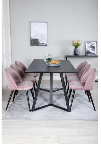VENTURE DESIGN Marina spisebordsst, m. 6 stole - sort finer/sort metal og rosa fljl/sort metal