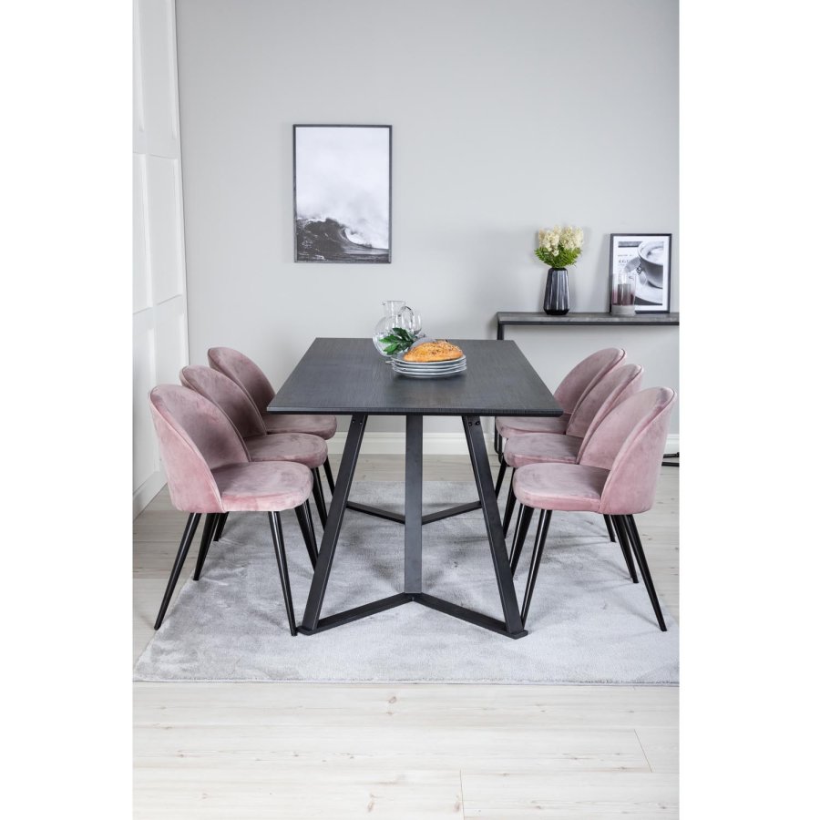 VENTURE DESIGN Marina spisebordsst, m. 6 stole - sort finer/sort metal og rosa fljl/sort metal