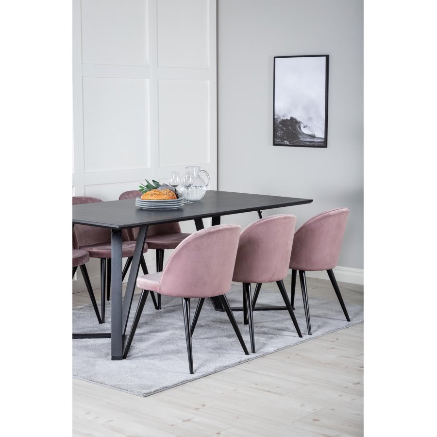 VENTURE DESIGN Marina spisebordsst, m. 6 stole - sort finer/sort metal og rosa fljl/sort metal