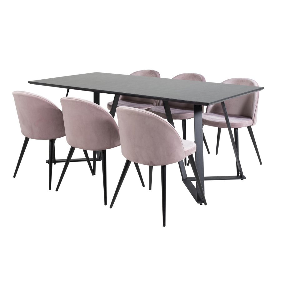 VENTURE DESIGN Marina spisebordsst, m. 6 stole - sort finer/sort metal og rosa fljl/sort metal