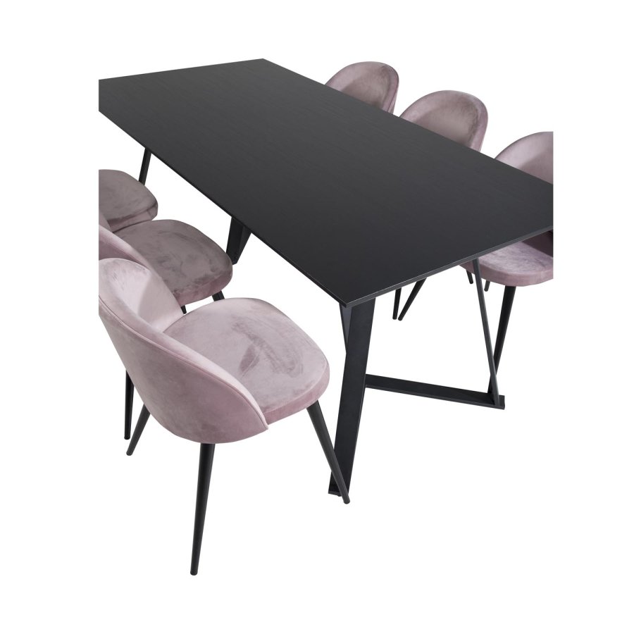VENTURE DESIGN Marina spisebordsst, m. 6 stole - sort finer/sort metal og rosa fljl/sort metal