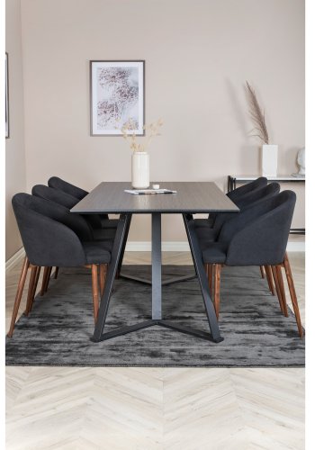 VENTURE DESIGN Marina spisebordsst, m. 6 stole - sort finer/sort metal og sort stof/folie metal