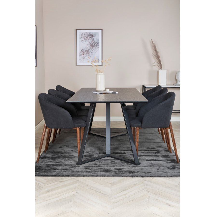 VENTURE DESIGN Marina spisebordsst, m. 6 stole - sort finer/sort metal og sort stof/folie metal