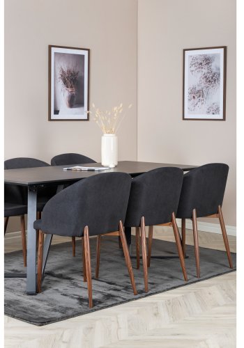 VENTURE DESIGN Marina spisebordsst, m. 6 stole - sort finer/sort metal og sort stof/folie metal