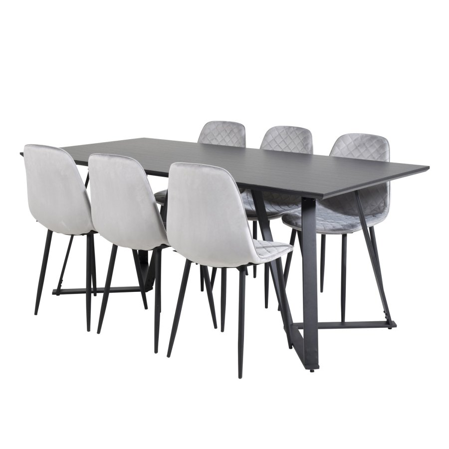 VENTURE DESIGN Marina spisebordsst, m. 6 stole - sort finer/sort metal og gr fljl/sort metal