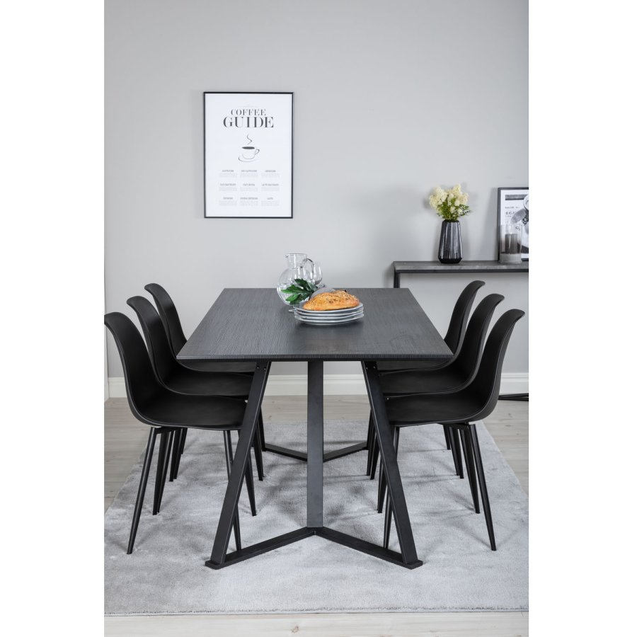 VENTURE DESIGN Marina spisebordsst, m. 6 stole - sort finer/sort metal og sort plastik/sort jern