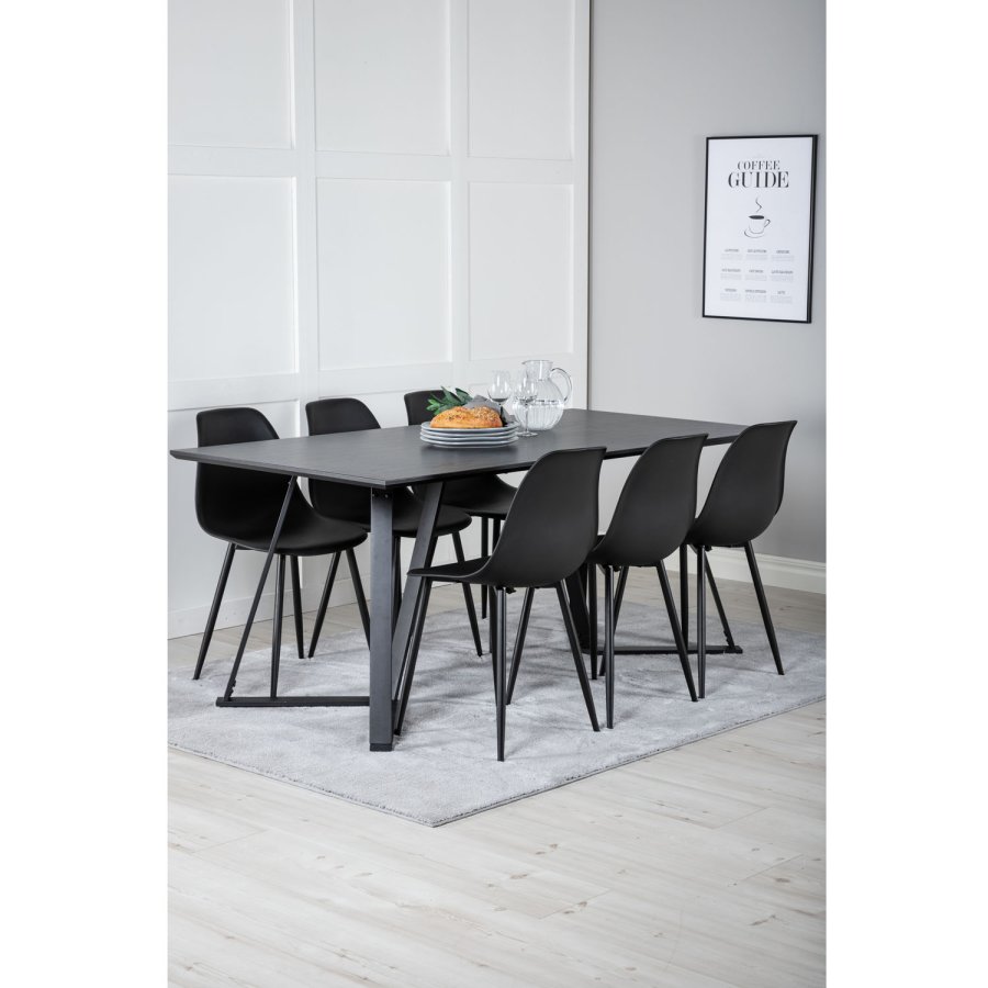 VENTURE DESIGN Marina spisebordsst, m. 6 stole - sort finer/sort metal og sort plastik/sort jern
