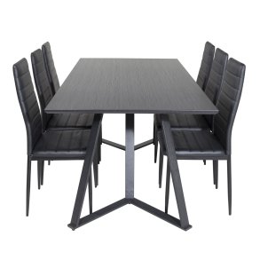 VENTURE DESIGN Marina spisebordsst, m. 6 stole - sort finer/sort metal og sort PU/sort metal