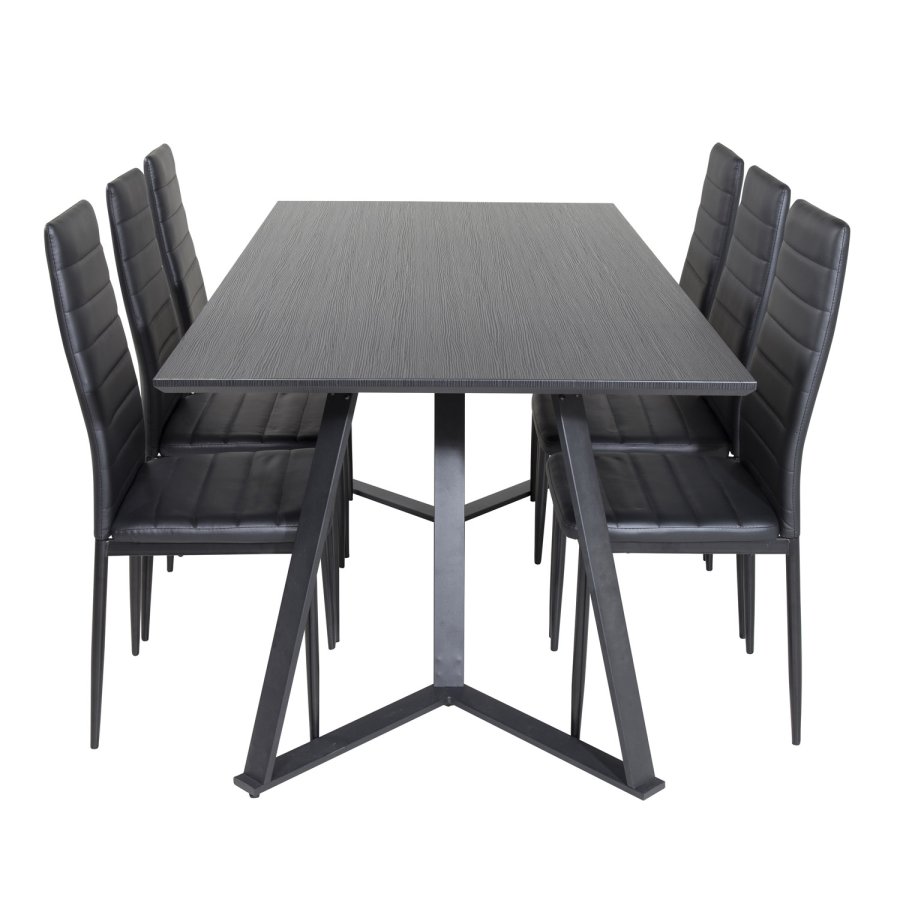 VENTURE DESIGN Marina spisebordsst, m. 6 stole - sort finer/sort metal og sort PU/sort metal