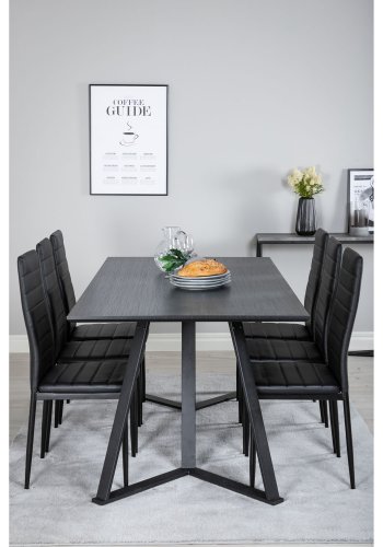 VENTURE DESIGN Marina spisebordsst, m. 6 stole - sort finer/sort metal og sort PU/sort metal