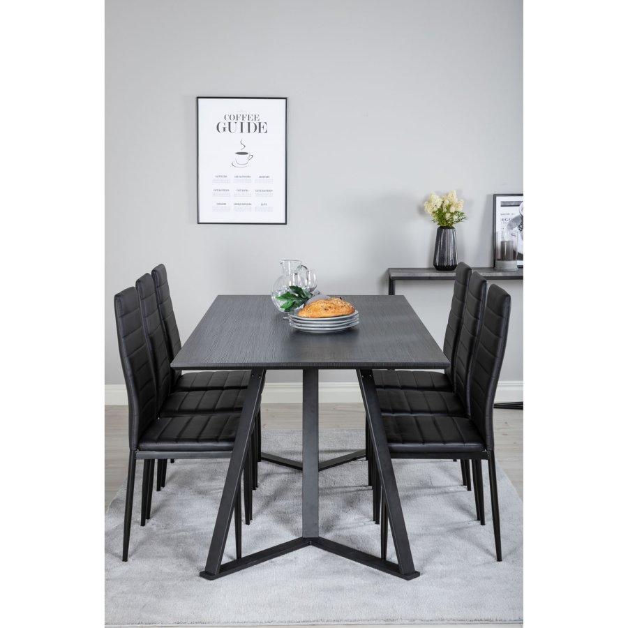 VENTURE DESIGN Marina spisebordsst, m. 6 stole - sort finer/sort metal og sort PU/sort metal
