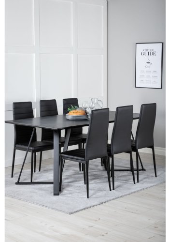 VENTURE DESIGN Marina spisebordsst, m. 6 stole - sort finer/sort metal og sort PU/sort metal