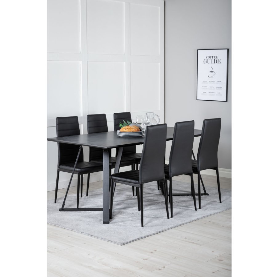 VENTURE DESIGN Marina spisebordsst, m. 6 stole - sort finer/sort metal og sort PU/sort metal