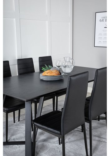 VENTURE DESIGN Marina spisebordsst, m. 6 stole - sort finer/sort metal og sort PU/sort metal