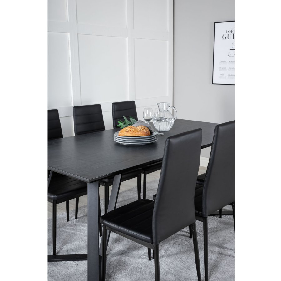 VENTURE DESIGN Marina spisebordsst, m. 6 stole - sort finer/sort metal og sort PU/sort metal