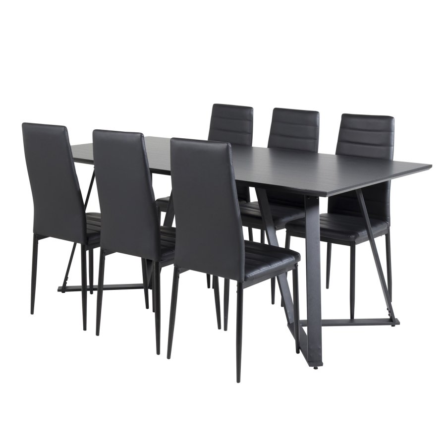 VENTURE DESIGN Marina spisebordsst, m. 6 stole - sort finer/sort metal og sort PU/sort metal