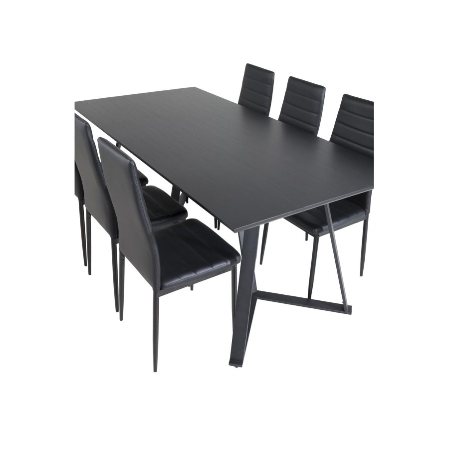 VENTURE DESIGN Marina spisebordsst, m. 6 stole - sort finer/sort metal og sort PU/sort metal
