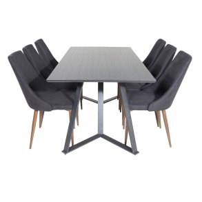 VENTURE DESIGN Marina spisebordsst, m. 6 stole - sort finer/sort metal og sort stof/folie metal