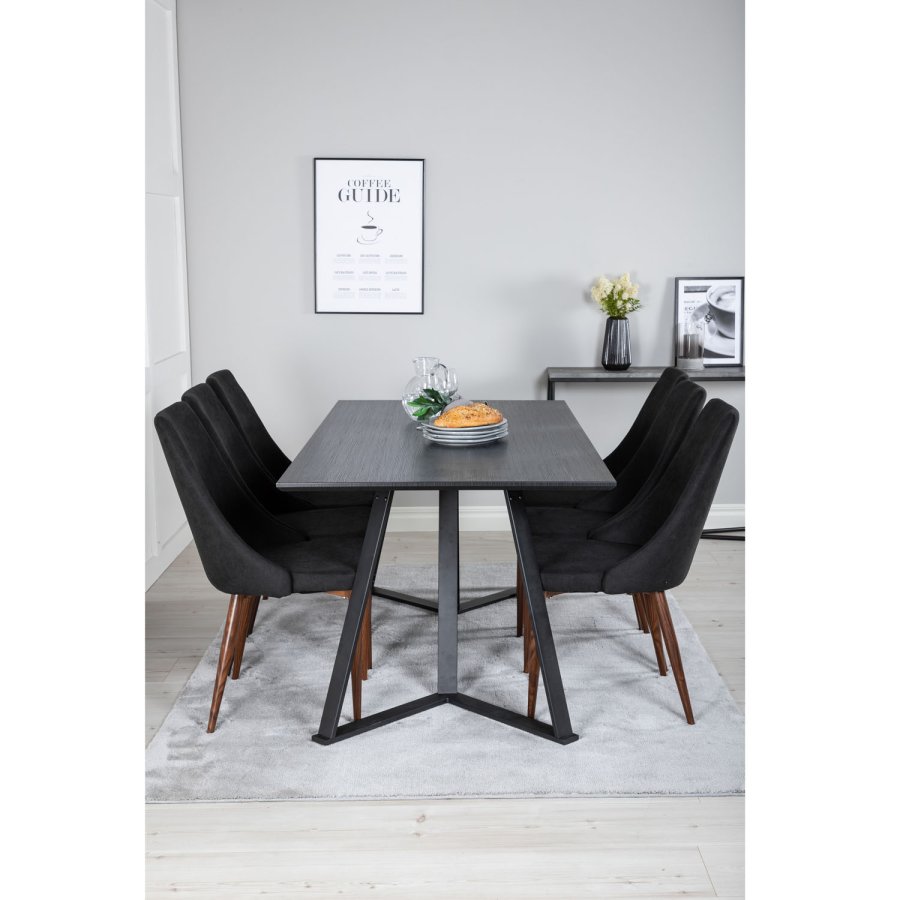 VENTURE DESIGN Marina spisebordsst, m. 6 stole - sort finer/sort metal og sort stof/folie metal