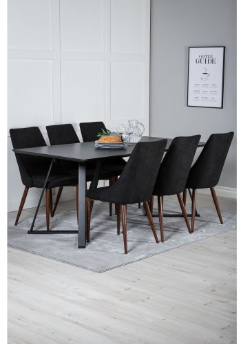 VENTURE DESIGN Marina spisebordsst, m. 6 stole - sort finer/sort metal og sort stof/folie metal