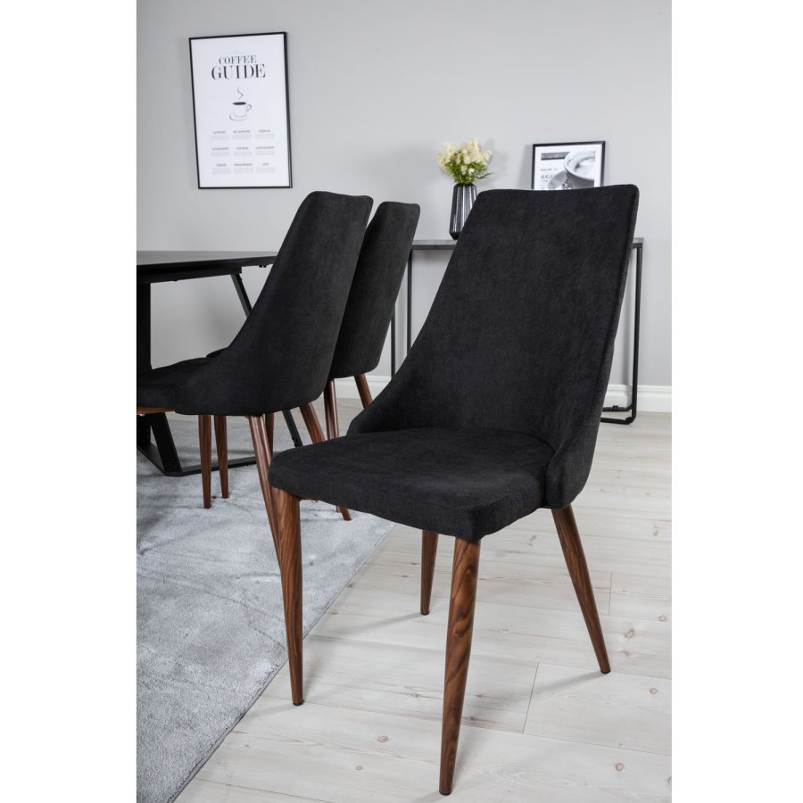 VENTURE DESIGN Marina spisebordsst, m. 6 stole - sort finer/sort metal og sort stof/folie metal