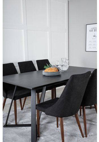 VENTURE DESIGN Marina spisebordsst, m. 6 stole - sort finer/sort metal og sort stof/folie metal