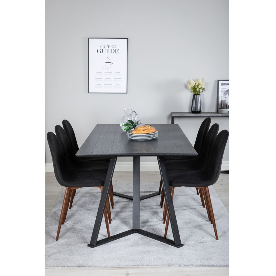 VENTURE DESIGN Marina spisebordsst, m. 6 stole - sort finer/sort metal og sort stof/folie metal