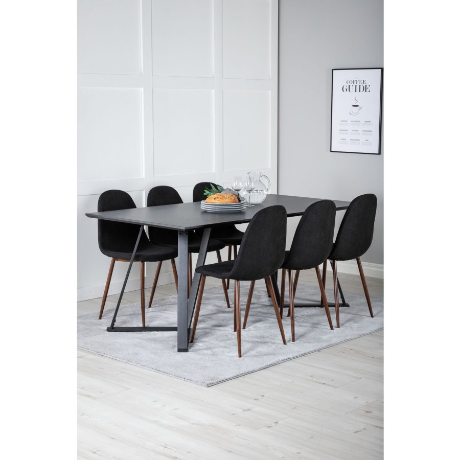 VENTURE DESIGN Marina spisebordsst, m. 6 stole - sort finer/sort metal og sort stof/folie metal