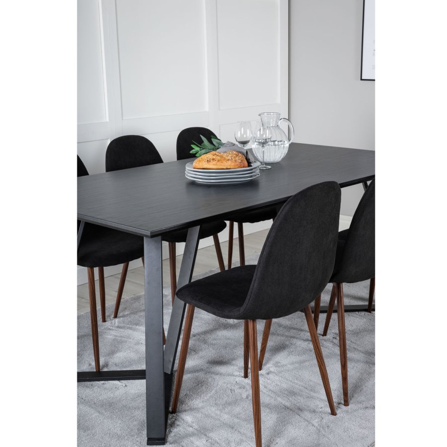 VENTURE DESIGN Marina spisebordsst, m. 6 stole - sort finer/sort metal og sort stof/folie metal