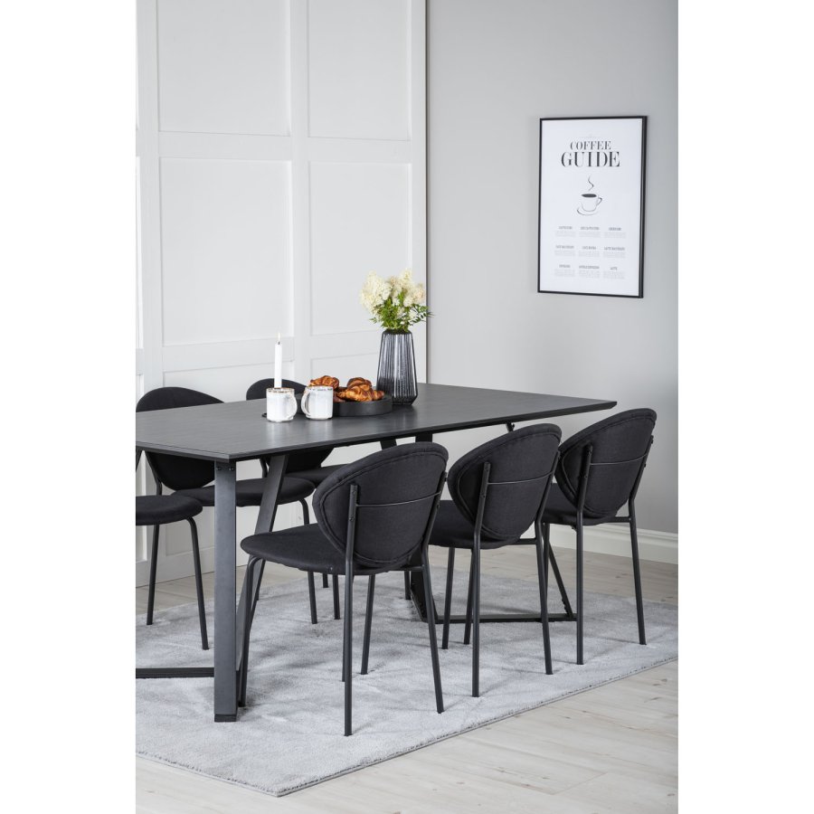 VENTURE DESIGN Marina spisebordsst, m. 6 stole - sort finer/sort metal og sort stof/sort metal
