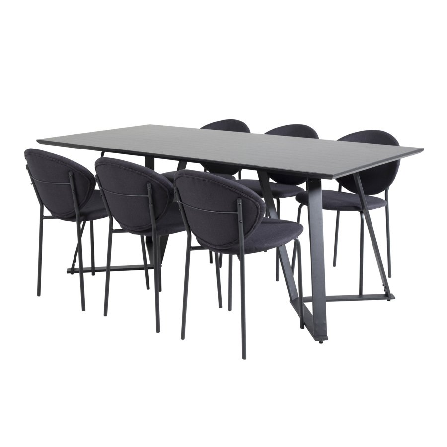 VENTURE DESIGN Marina spisebordsst, m. 6 stole - sort finer/sort metal og sort stof/sort metal