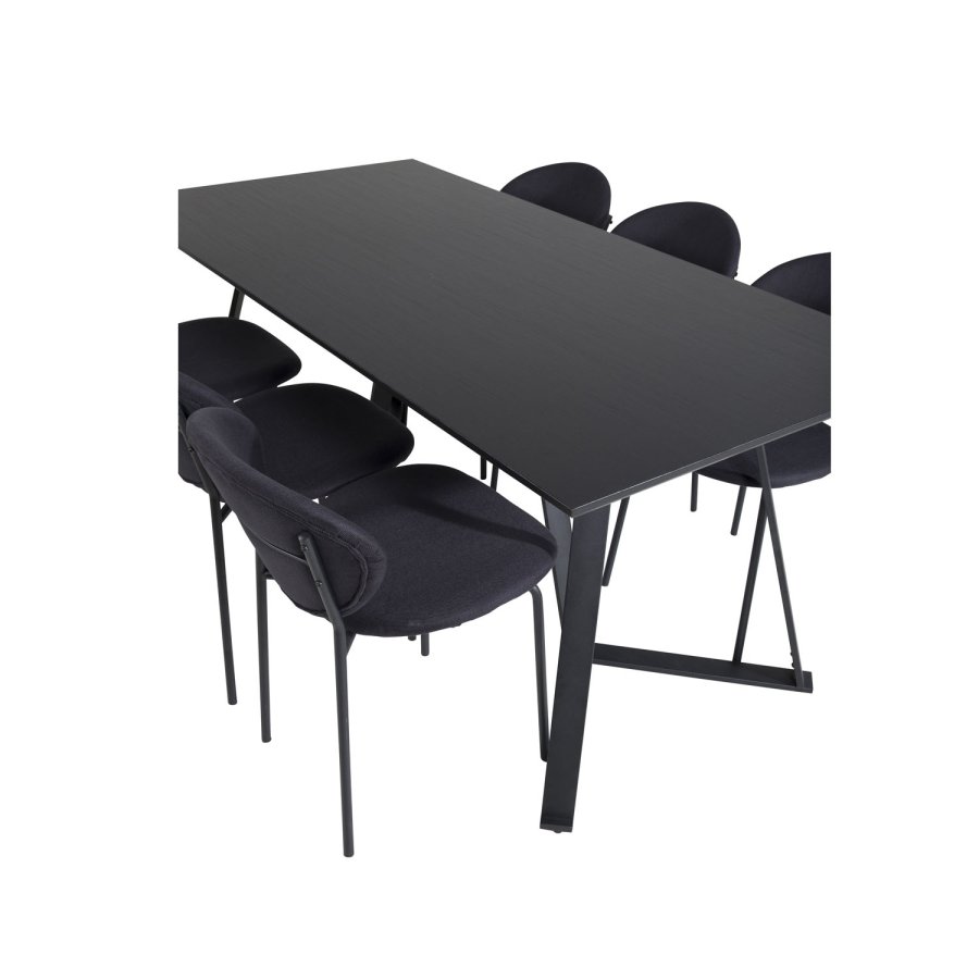 VENTURE DESIGN Marina spisebordsst, m. 6 stole - sort finer/sort metal og sort stof/sort metal