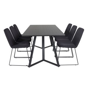 VENTURE DESIGN Marina spisebordsst, m. 6 stole - sort finer/sort metal og sort stof/sort metal
