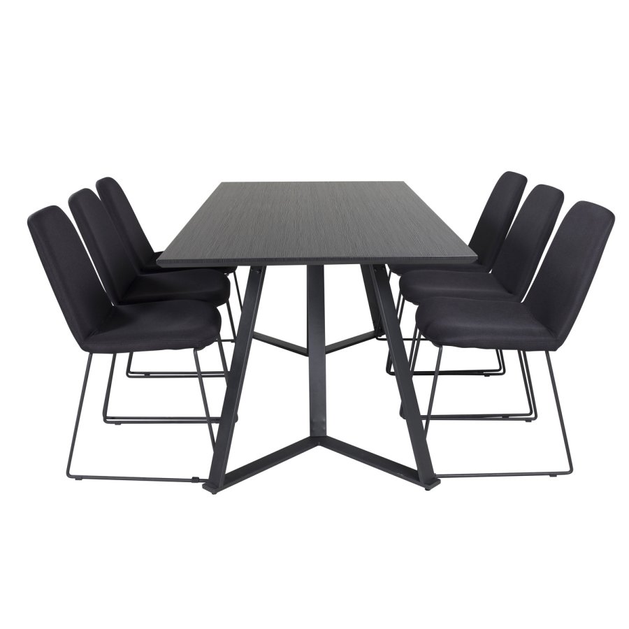 VENTURE DESIGN Marina spisebordsst, m. 6 stole - sort finer/sort metal og sort stof/sort metal