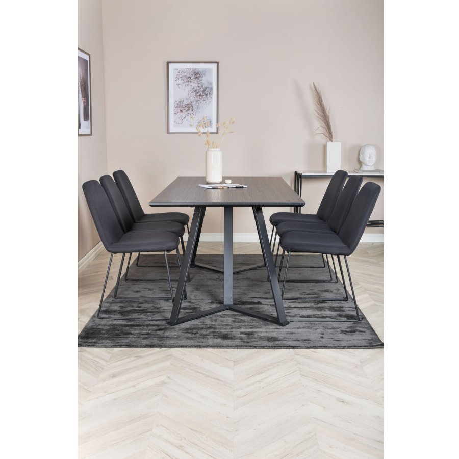 VENTURE DESIGN Marina spisebordsst, m. 6 stole - sort finer/sort metal og sort stof/sort metal