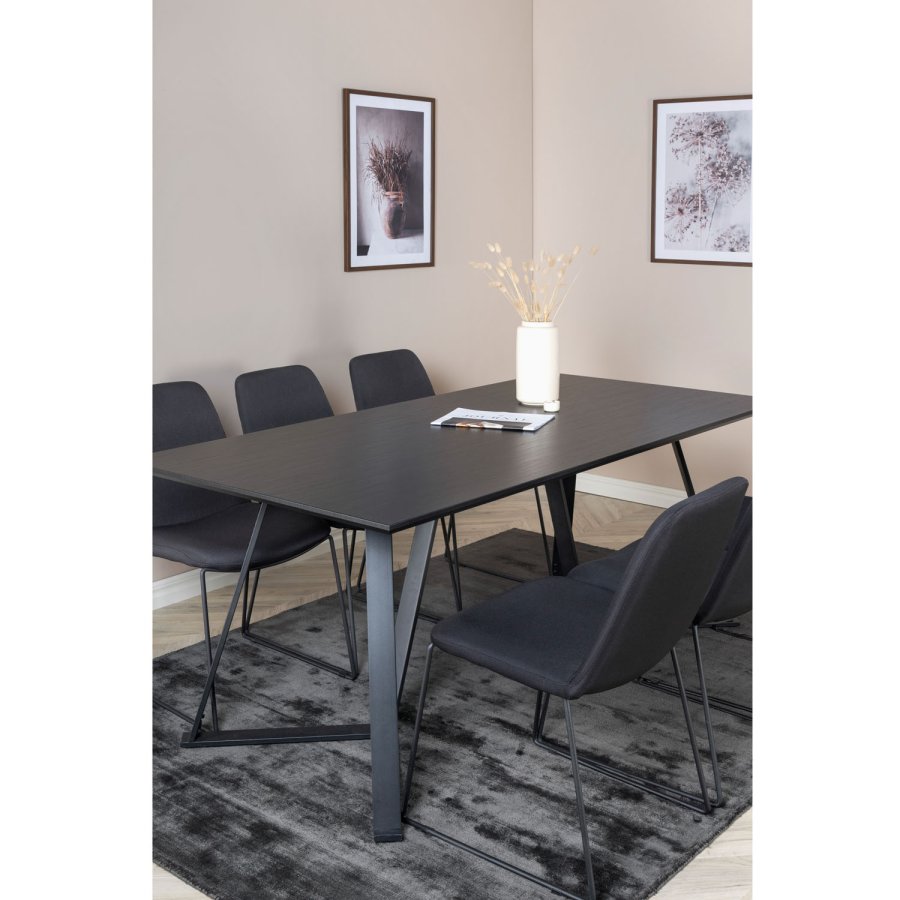 VENTURE DESIGN Marina spisebordsst, m. 6 stole - sort finer/sort metal og sort stof/sort metal