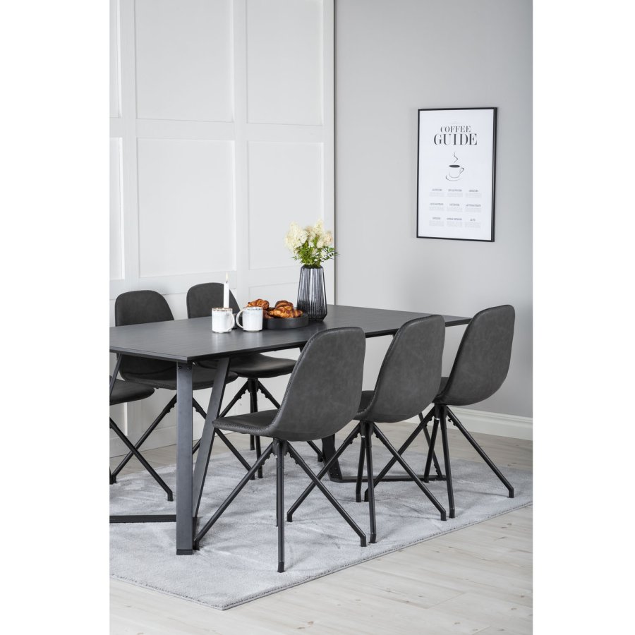 VENTURE DESIGN Marina spisebordsst, m. 6 stole - sort finer/sort metal og sort PU/sort metal