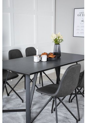 VENTURE DESIGN Marina spisebordsst, m. 6 stole - sort finer/sort metal og sort PU/sort metal