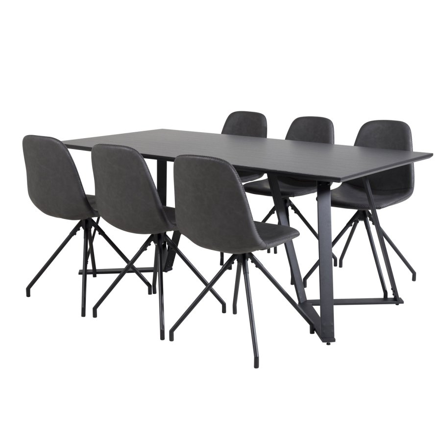 VENTURE DESIGN Marina spisebordsst, m. 6 stole - sort finer/sort metal og sort PU/sort metal