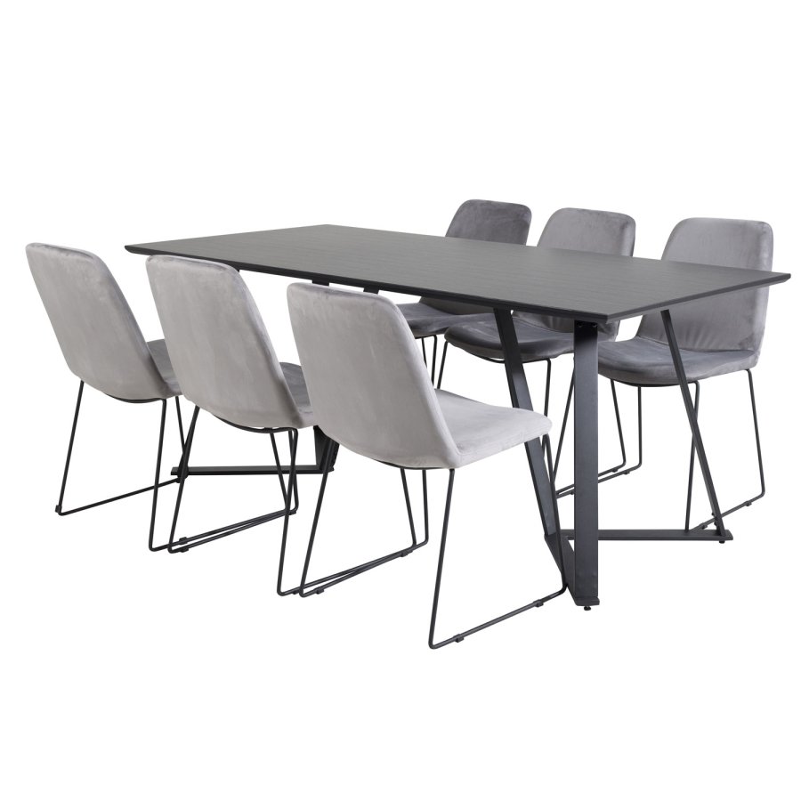 VENTURE DESIGN Marina spisebordsst, m. 6 stole - sort finer/sort metal og gr fljl/sort metal