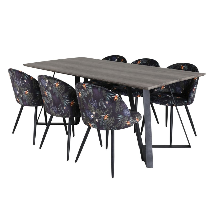 VENTURE DESIGN Marina spisebordsst, m. 6 stole - gr finer/sort metal og multi stof/sort metal