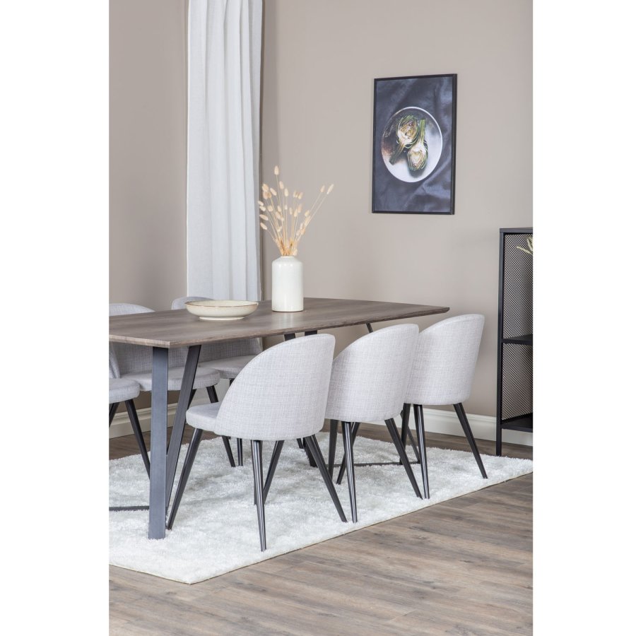 VENTURE DESIGN Marina spisebordsst, m. 6 stole - gr finer/sort metal og lysegr stof/sort metal
