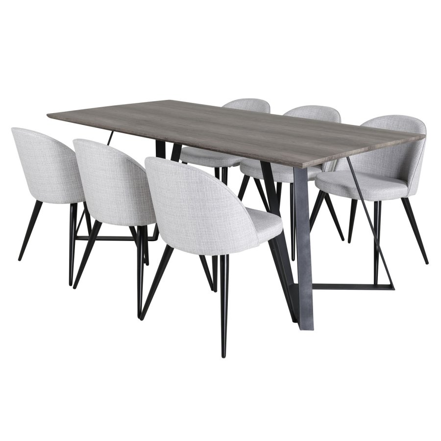 VENTURE DESIGN Marina spisebordsst, m. 6 stole - gr finer/sort metal og lysegr stof/sort metal