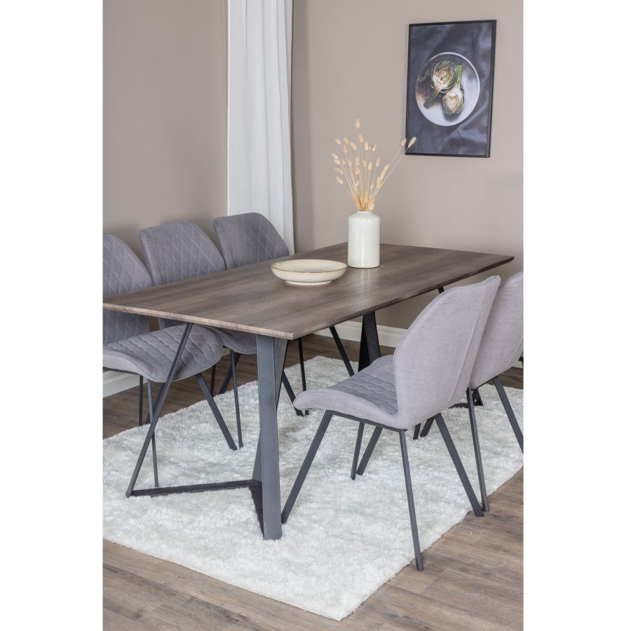 VENTURE DESIGN Marina spisebordsst, m. 6 stole - gr finer/sort metal og gr stof/sort metal