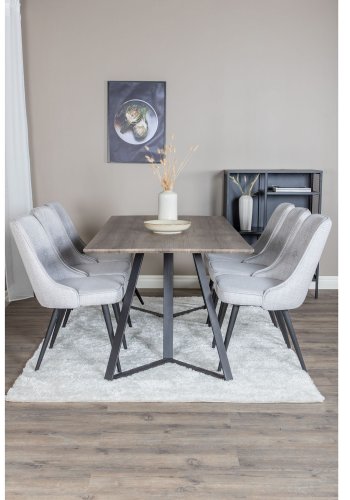 VENTURE DESIGN Marina spisebordsst, m. 6 stole - gr finer/sort metal og lysegr stof/sort metal